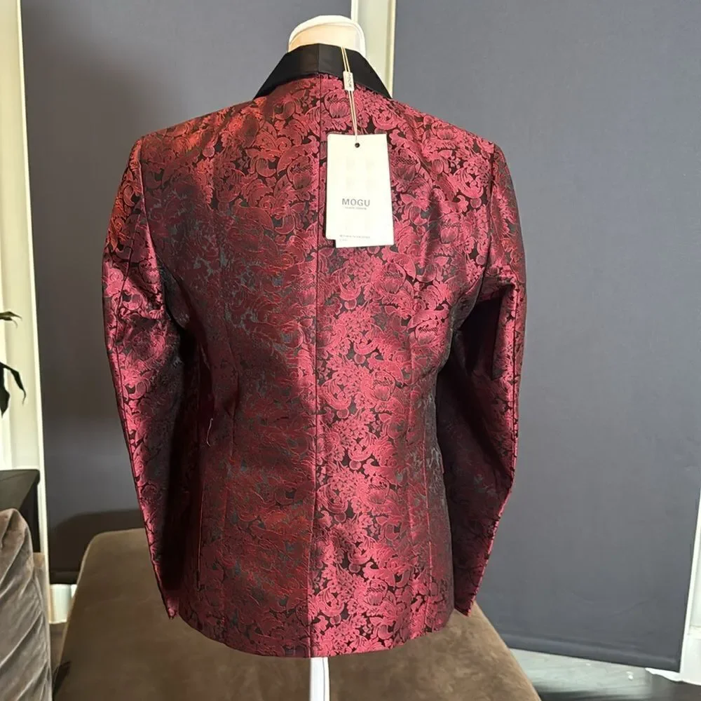 Men’s Boys Burgundy Paisley Slim Fit 3 Piece Tuxedo Size 30 Jacket 29 Pants NWT